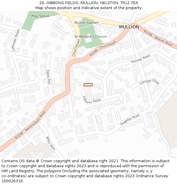 29, GIBBONS FIELDS, MULLION, HELSTON, TR12 7EA: Location map and indicative extent of plot