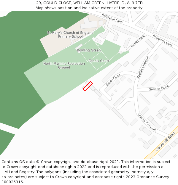 29, GOULD CLOSE, WELHAM GREEN, HATFIELD, AL9 7EB: Location map and indicative extent of plot