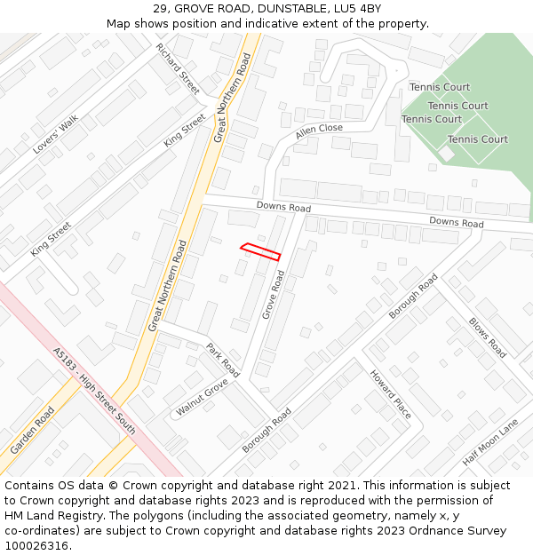 29, GROVE ROAD, DUNSTABLE, LU5 4BY: Location map and indicative extent of plot
