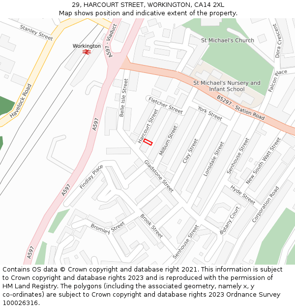 29, HARCOURT STREET, WORKINGTON, CA14 2XL: Location map and indicative extent of plot
