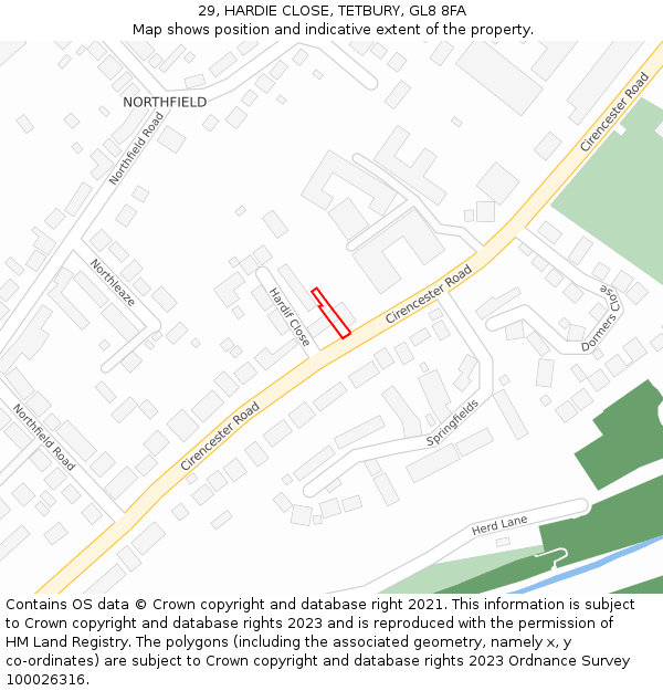 29, HARDIE CLOSE, TETBURY, GL8 8FA: Location map and indicative extent of plot