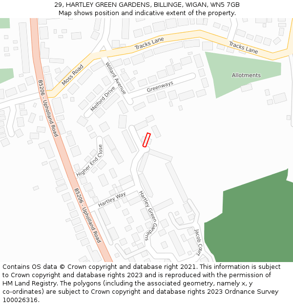 29, HARTLEY GREEN GARDENS, BILLINGE, WIGAN, WN5 7GB: Location map and indicative extent of plot