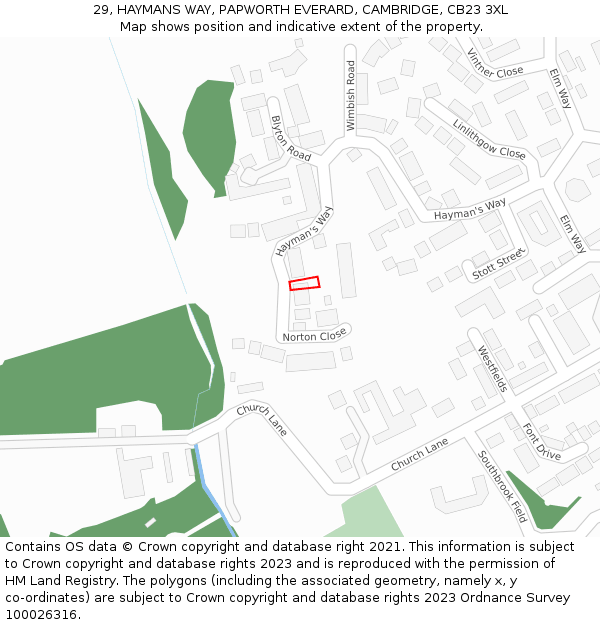 29, HAYMANS WAY, PAPWORTH EVERARD, CAMBRIDGE, CB23 3XL: Location map and indicative extent of plot