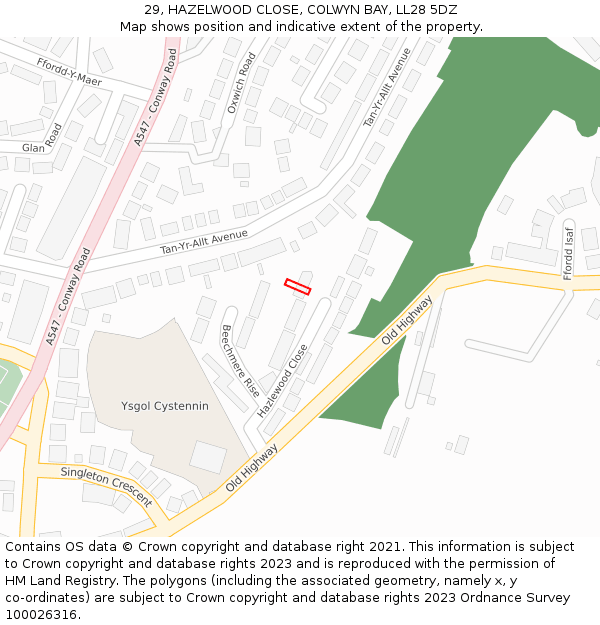 29, HAZELWOOD CLOSE, COLWYN BAY, LL28 5DZ: Location map and indicative extent of plot