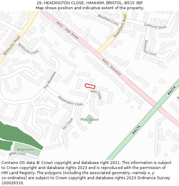 29, HEADINGTON CLOSE, HANHAM, BRISTOL, BS15 3BF: Location map and indicative extent of plot