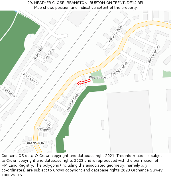 29, HEATHER CLOSE, BRANSTON, BURTON-ON-TRENT, DE14 3FL: Location map and indicative extent of plot