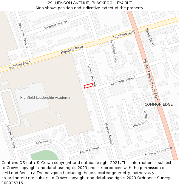 29, HENSON AVENUE, BLACKPOOL, FY4 3LZ: Location map and indicative extent of plot