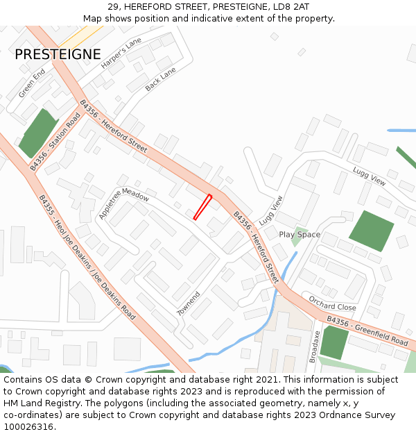 29, HEREFORD STREET, PRESTEIGNE, LD8 2AT: Location map and indicative extent of plot