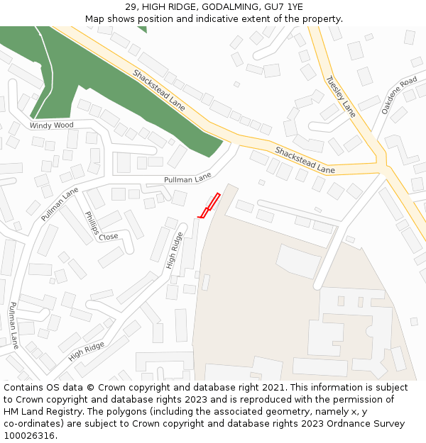 29, HIGH RIDGE, GODALMING, GU7 1YE: Location map and indicative extent of plot