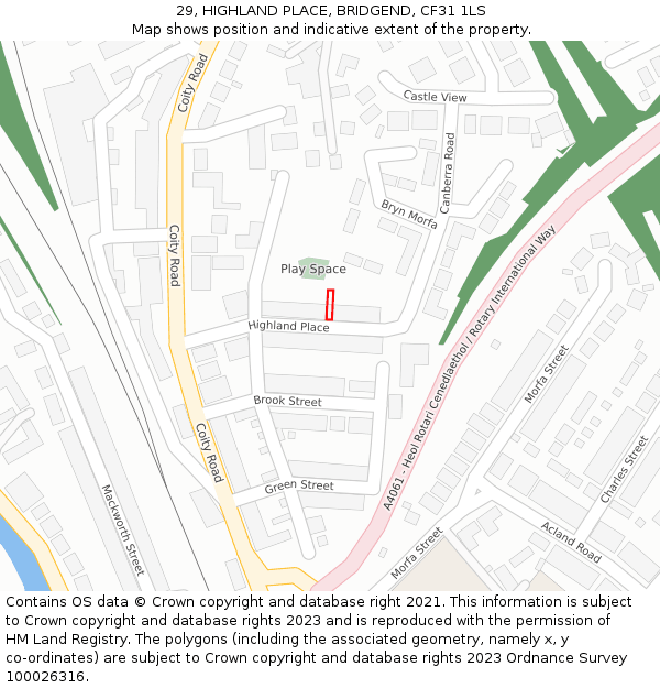 29, HIGHLAND PLACE, BRIDGEND, CF31 1LS: Location map and indicative extent of plot