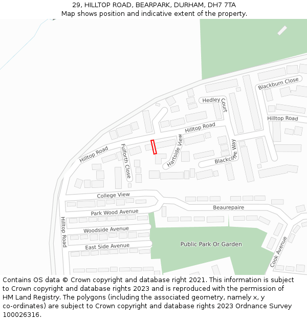 29, HILLTOP ROAD, BEARPARK, DURHAM, DH7 7TA: Location map and indicative extent of plot