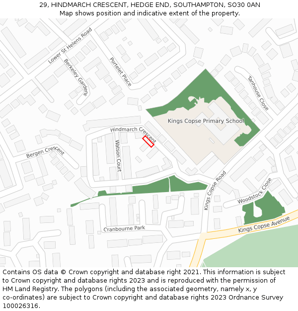 29, HINDMARCH CRESCENT, HEDGE END, SOUTHAMPTON, SO30 0AN: Location map and indicative extent of plot