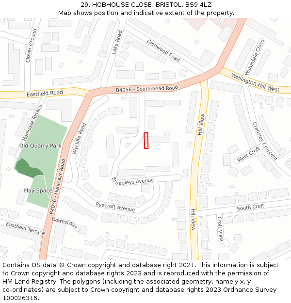 29, HOBHOUSE CLOSE, BRISTOL, BS9 4LZ: Location map and indicative extent of plot