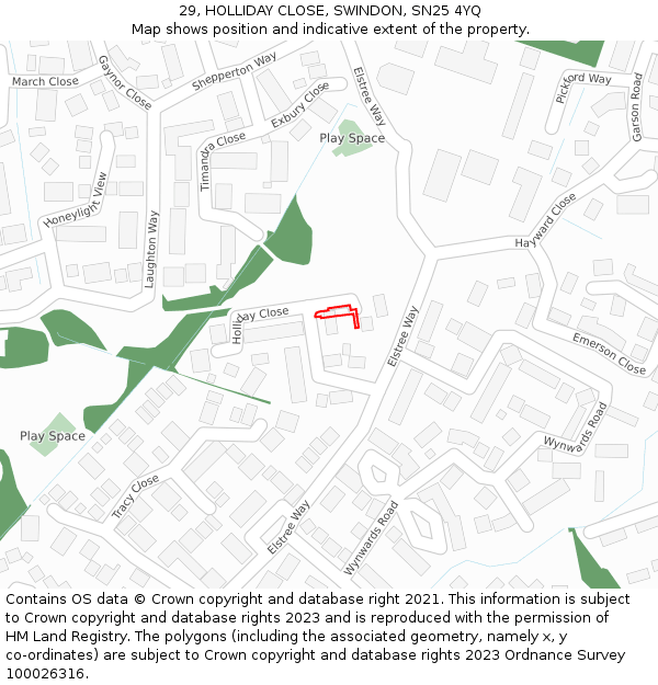 29, HOLLIDAY CLOSE, SWINDON, SN25 4YQ: Location map and indicative extent of plot