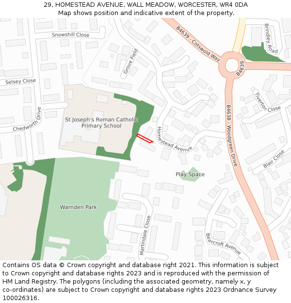 29, HOMESTEAD AVENUE, WALL MEADOW, WORCESTER, WR4 0DA: Location map and indicative extent of plot