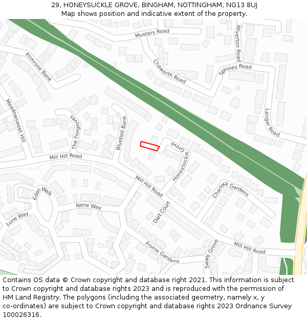 29, HONEYSUCKLE GROVE, BINGHAM, NOTTINGHAM, NG13 8UJ: Location map and indicative extent of plot