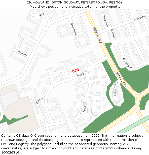 29, HOWLAND, ORTON GOLDHAY, PETERBOROUGH, PE2 5QY: Location map and indicative extent of plot