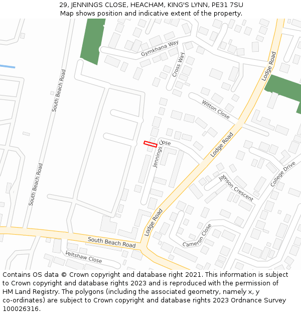 29, JENNINGS CLOSE, HEACHAM, KING'S LYNN, PE31 7SU: Location map and indicative extent of plot