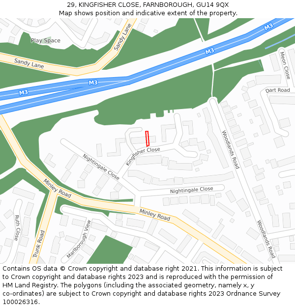 29, KINGFISHER CLOSE, FARNBOROUGH, GU14 9QX: Location map and indicative extent of plot