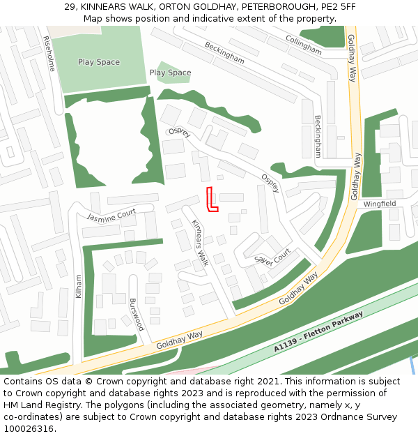 29, KINNEARS WALK, ORTON GOLDHAY, PETERBOROUGH, PE2 5FF: Location map and indicative extent of plot