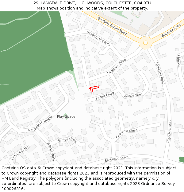 29, LANGDALE DRIVE, HIGHWOODS, COLCHESTER, CO4 9TU: Location map and indicative extent of plot