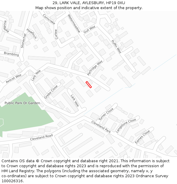 29, LARK VALE, AYLESBURY, HP19 0XU: Location map and indicative extent of plot