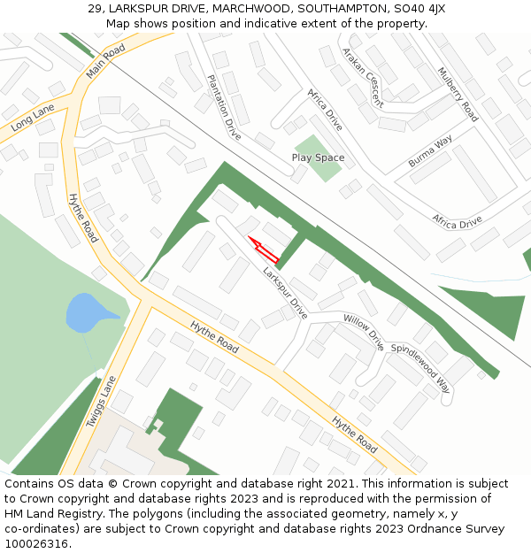 29, LARKSPUR DRIVE, MARCHWOOD, SOUTHAMPTON, SO40 4JX: Location map and indicative extent of plot