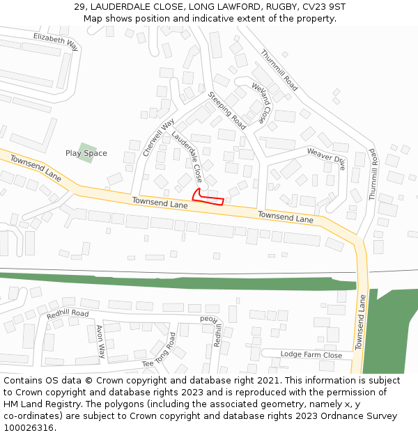 29, LAUDERDALE CLOSE, LONG LAWFORD, RUGBY, CV23 9ST: Location map and indicative extent of plot