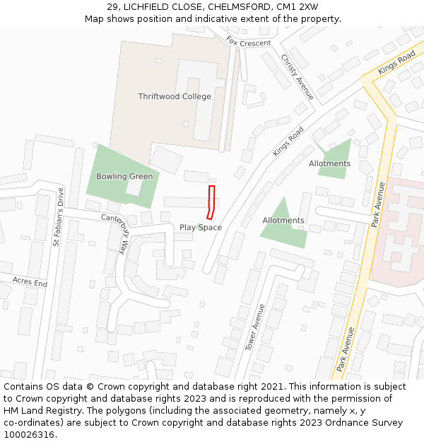 29, LICHFIELD CLOSE, CHELMSFORD, CM1 2XW: Location map and indicative extent of plot