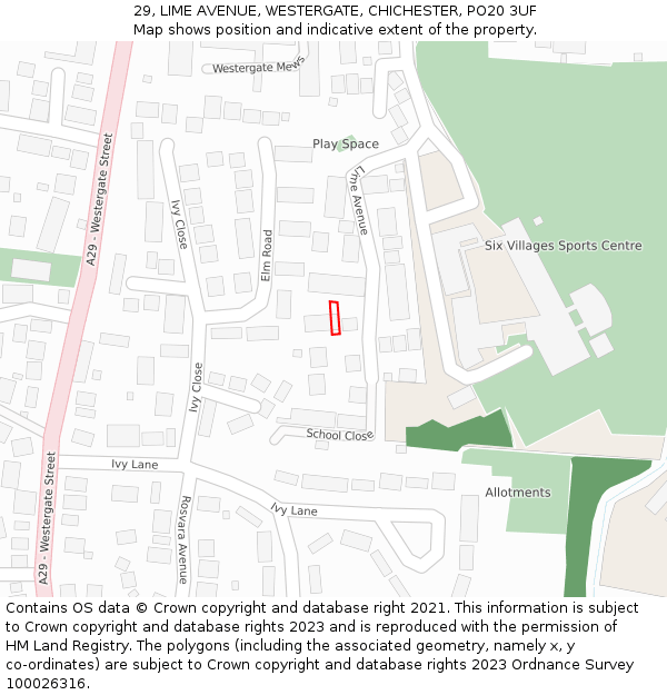 29, LIME AVENUE, WESTERGATE, CHICHESTER, PO20 3UF: Location map and indicative extent of plot