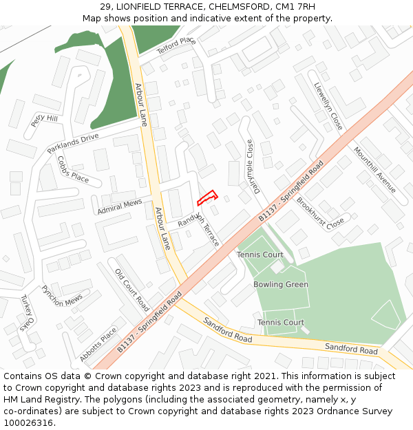 29, LIONFIELD TERRACE, CHELMSFORD, CM1 7RH: Location map and indicative extent of plot