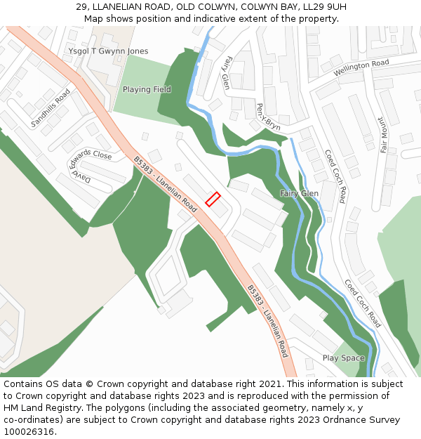 29, LLANELIAN ROAD, OLD COLWYN, COLWYN BAY, LL29 9UH: Location map and indicative extent of plot