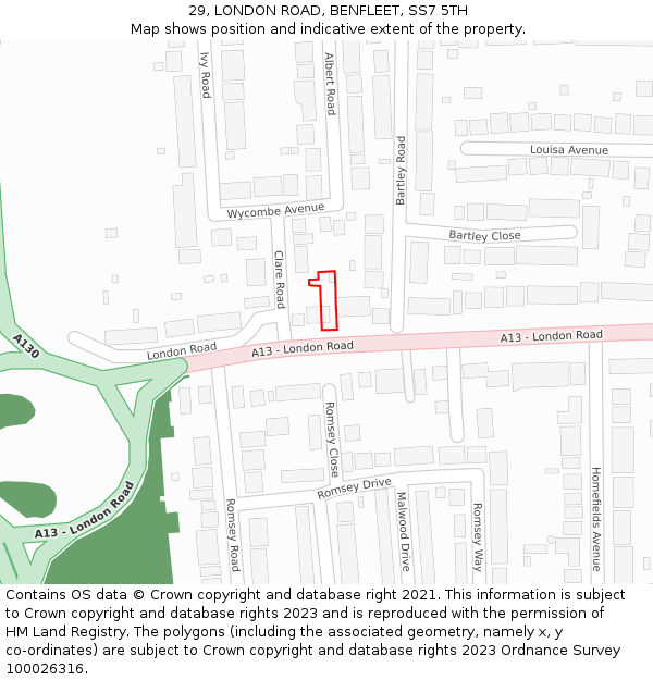 29, LONDON ROAD, BENFLEET, SS7 5TH: Location map and indicative extent of plot