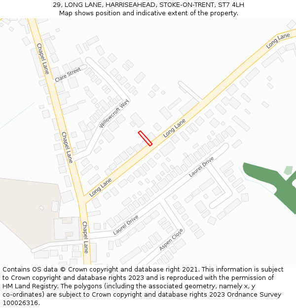 29, LONG LANE, HARRISEAHEAD, STOKE-ON-TRENT, ST7 4LH: Location map and indicative extent of plot