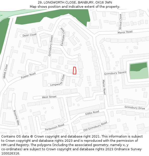 29, LONGWORTH CLOSE, BANBURY, OX16 3WN: Location map and indicative extent of plot