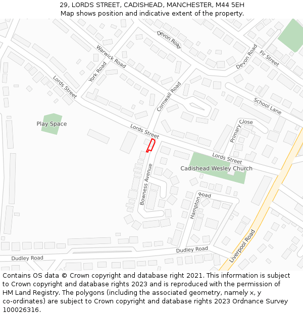 29, LORDS STREET, CADISHEAD, MANCHESTER, M44 5EH: Location map and indicative extent of plot