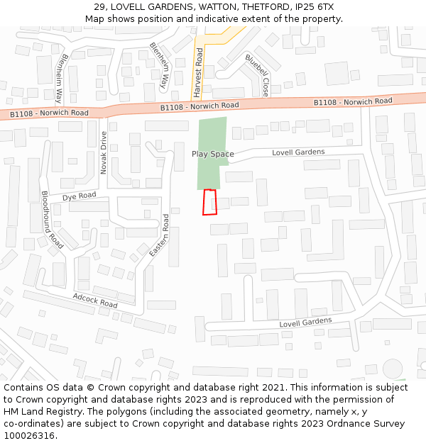 29, LOVELL GARDENS, WATTON, THETFORD, IP25 6TX: Location map and indicative extent of plot