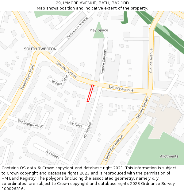 29, LYMORE AVENUE, BATH, BA2 1BB: Location map and indicative extent of plot