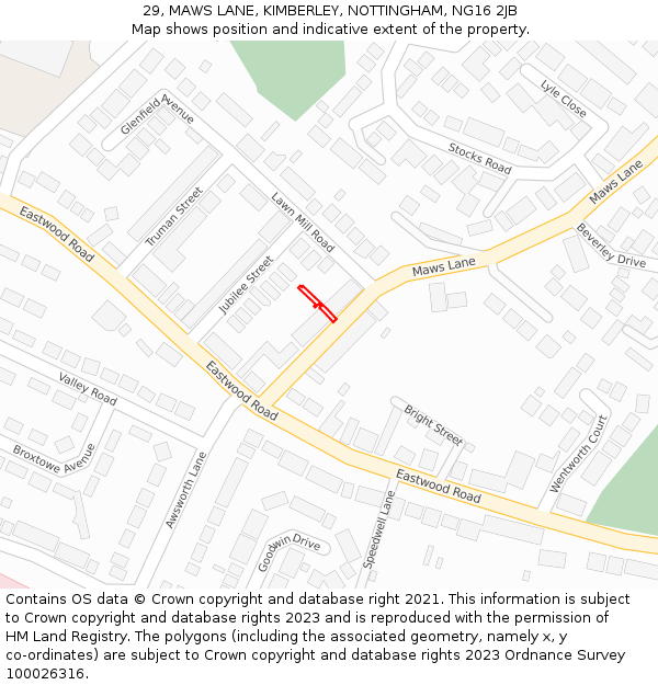 29, MAWS LANE, KIMBERLEY, NOTTINGHAM, NG16 2JB: Location map and indicative extent of plot