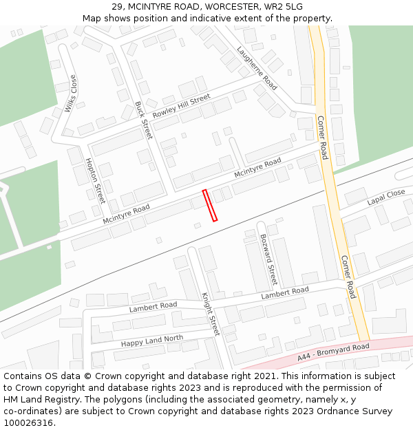 29, MCINTYRE ROAD, WORCESTER, WR2 5LG: Location map and indicative extent of plot