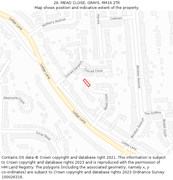 29, MEAD CLOSE, GRAYS, RM16 2TR: Location map and indicative extent of plot