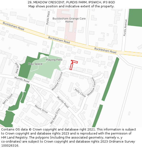 29, MEADOW CRESCENT, PURDIS FARM, IPSWICH, IP3 8GD: Location map and indicative extent of plot