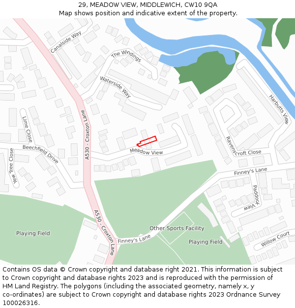 29, MEADOW VIEW, MIDDLEWICH, CW10 9QA: Location map and indicative extent of plot