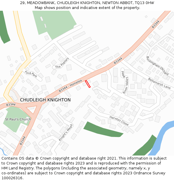 29, MEADOWBANK, CHUDLEIGH KNIGHTON, NEWTON ABBOT, TQ13 0HW: Location map and indicative extent of plot