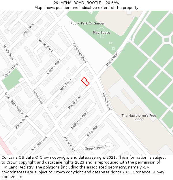 29, MENAI ROAD, BOOTLE, L20 6AW: Location map and indicative extent of plot