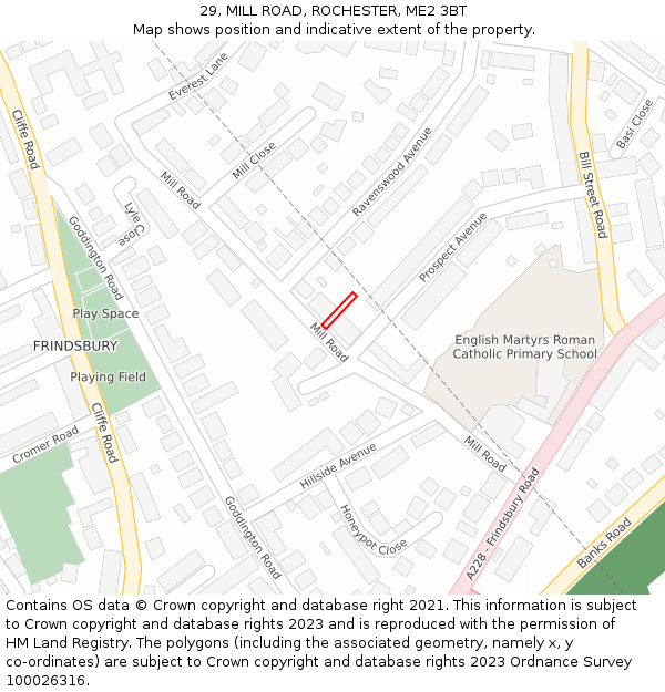 29, MILL ROAD, ROCHESTER, ME2 3BT: Location map and indicative extent of plot