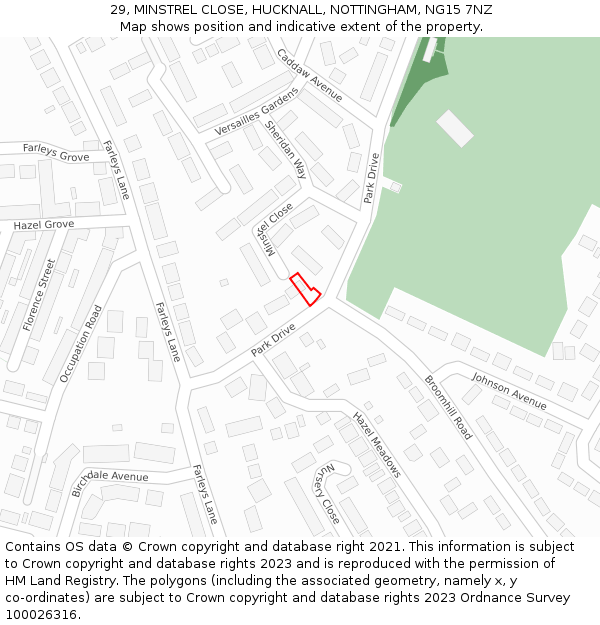 29, MINSTREL CLOSE, HUCKNALL, NOTTINGHAM, NG15 7NZ: Location map and indicative extent of plot