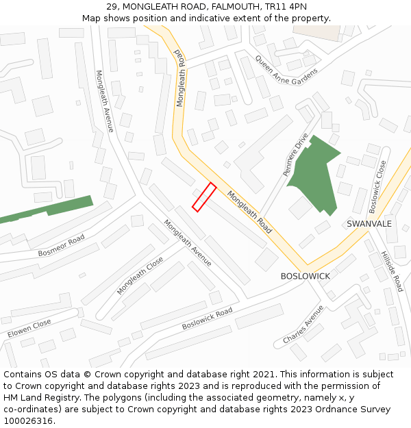 29, MONGLEATH ROAD, FALMOUTH, TR11 4PN: Location map and indicative extent of plot