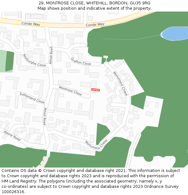 29, MONTROSE CLOSE, WHITEHILL, BORDON, GU35 9RG: Location map and indicative extent of plot