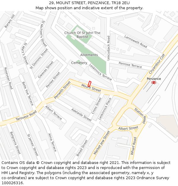 29, MOUNT STREET, PENZANCE, TR18 2EU: Location map and indicative extent of plot